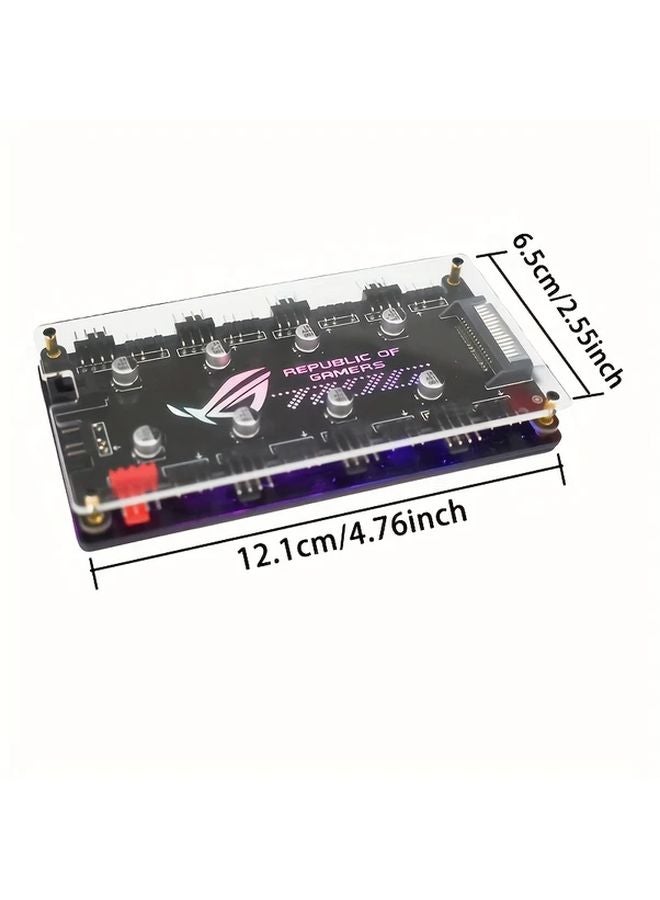 Black Dual 8 Port ARGB PWM Fan Hub with Magnetic Base SATA Power Optical Sync - Image 2